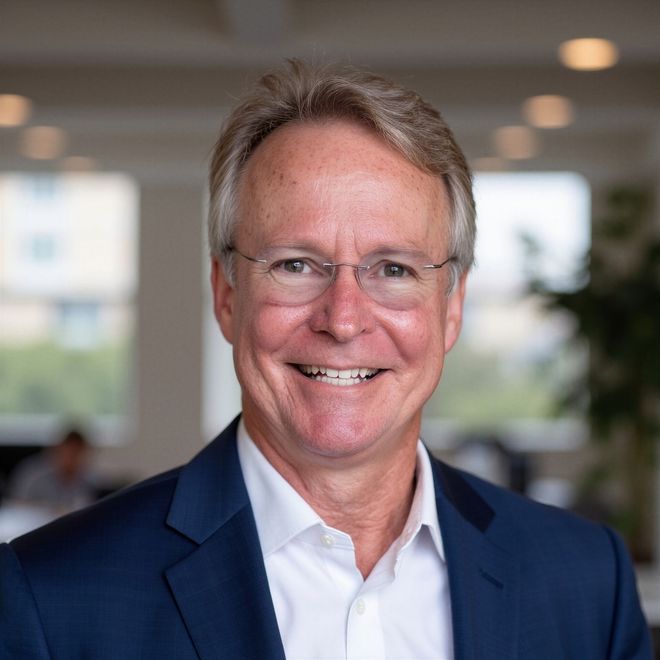 Bill Lovell in a navy suit and glasses in a bright office setting