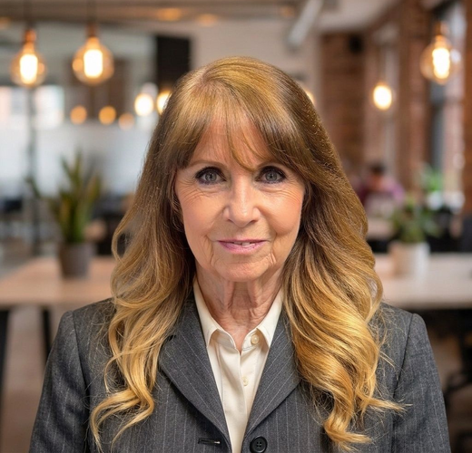 Terri Huntley in a gray blazer, with long wavy hair, in a softly lit office setting