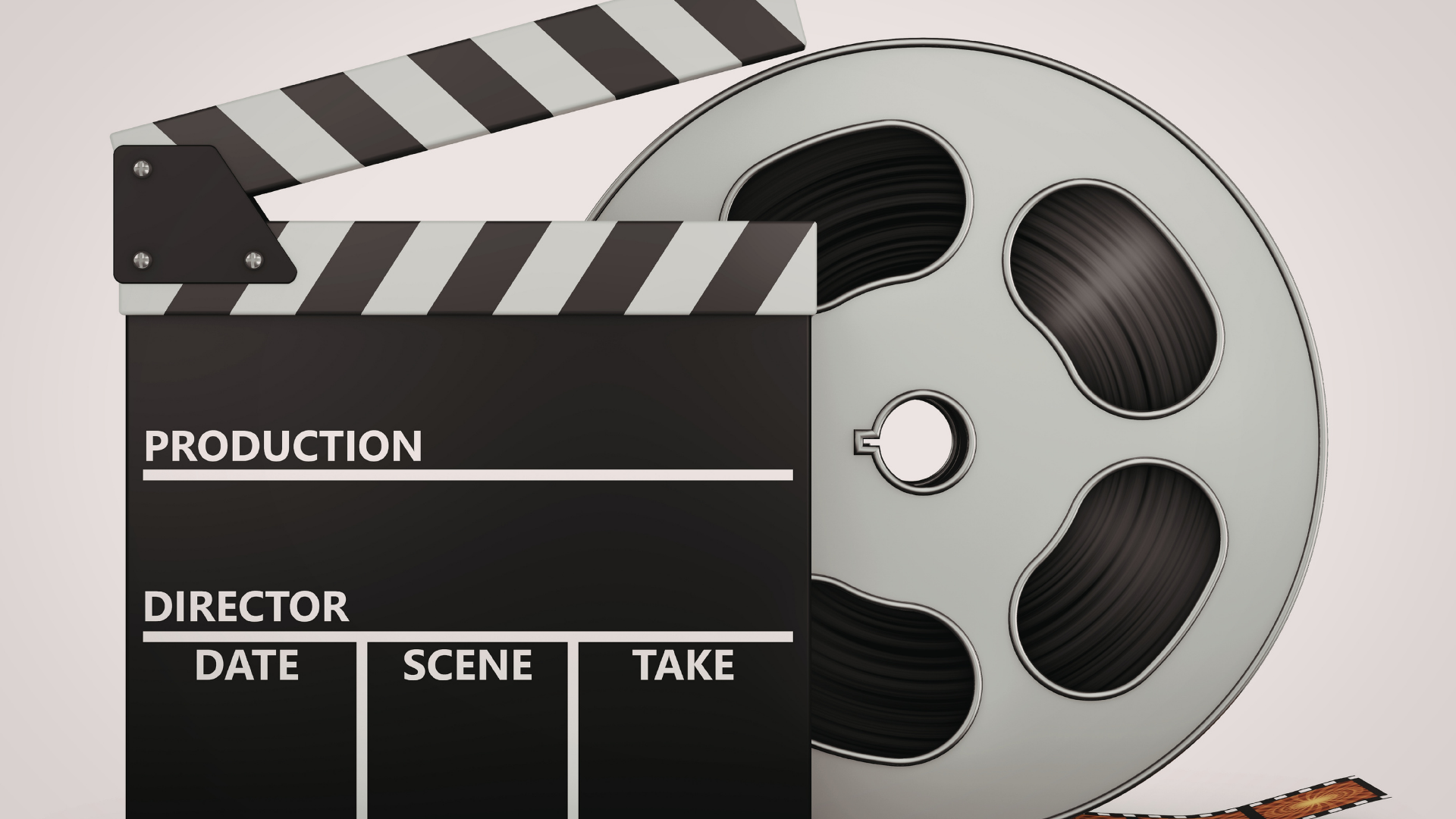 A film clapperboard next to a metallic film reel on a light gray background.