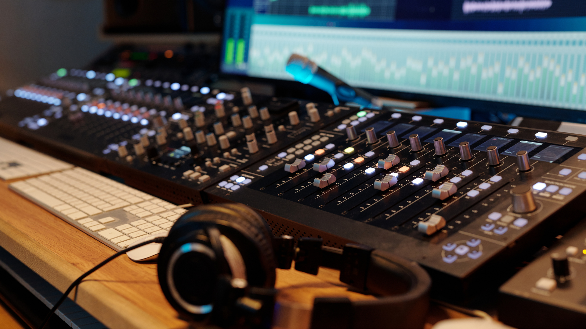 Audio mixing console with sliders and knobs, a keyboard, and headphones on a desk in a recording studio.