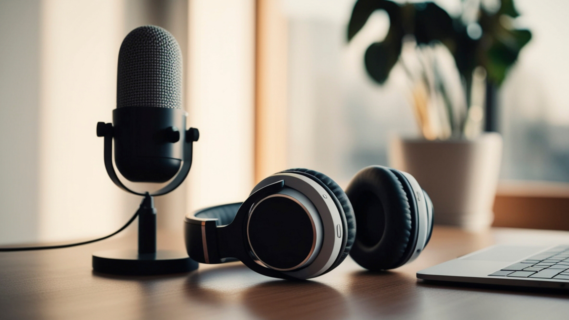 A microphone and headphones rest on a wooden desk next to a potted plant, suggesting a home podcast recording setup.