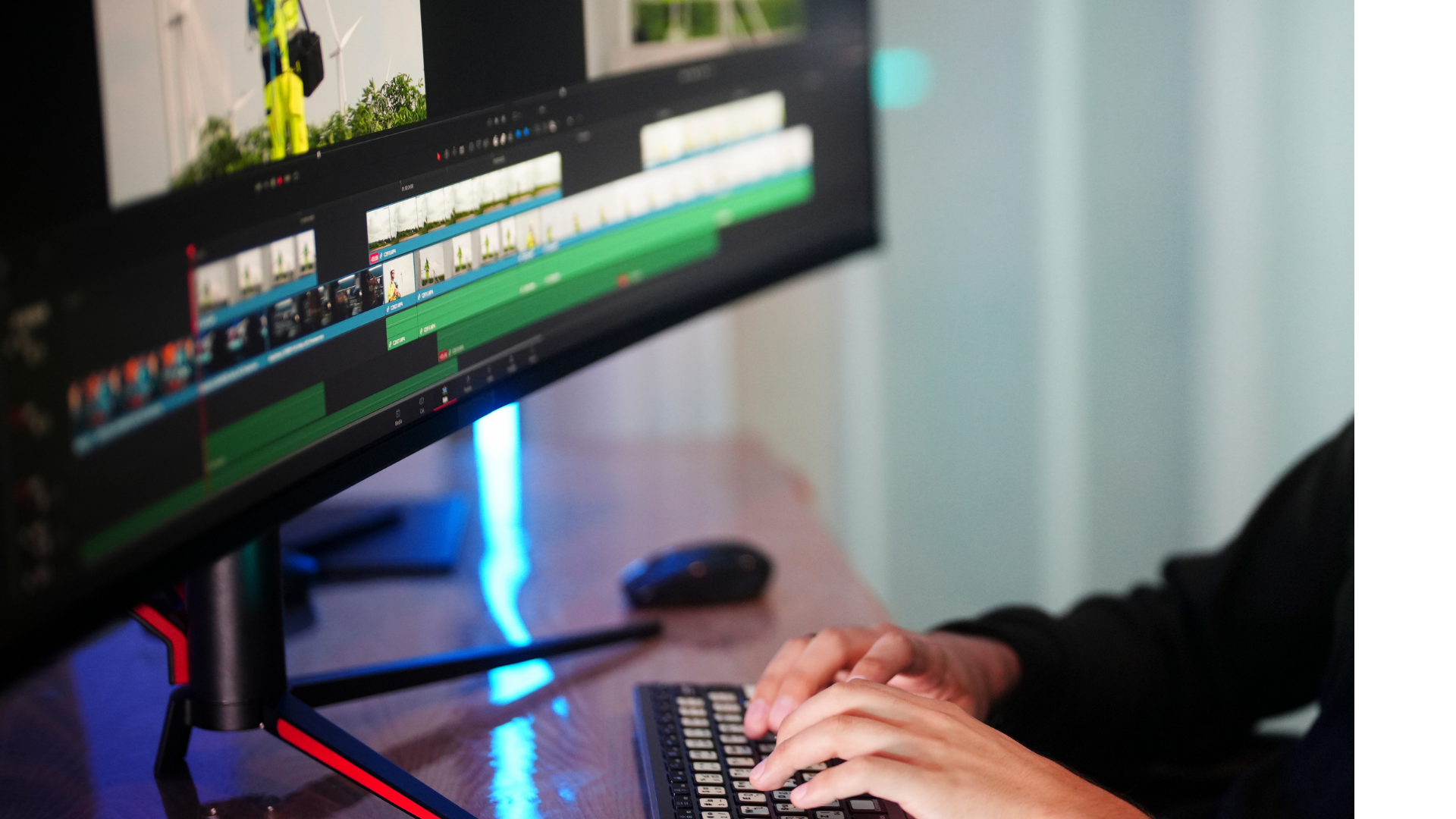 Close-up of a person typing on a keyboard at a desk, with a curved monitor displaying video editing software.