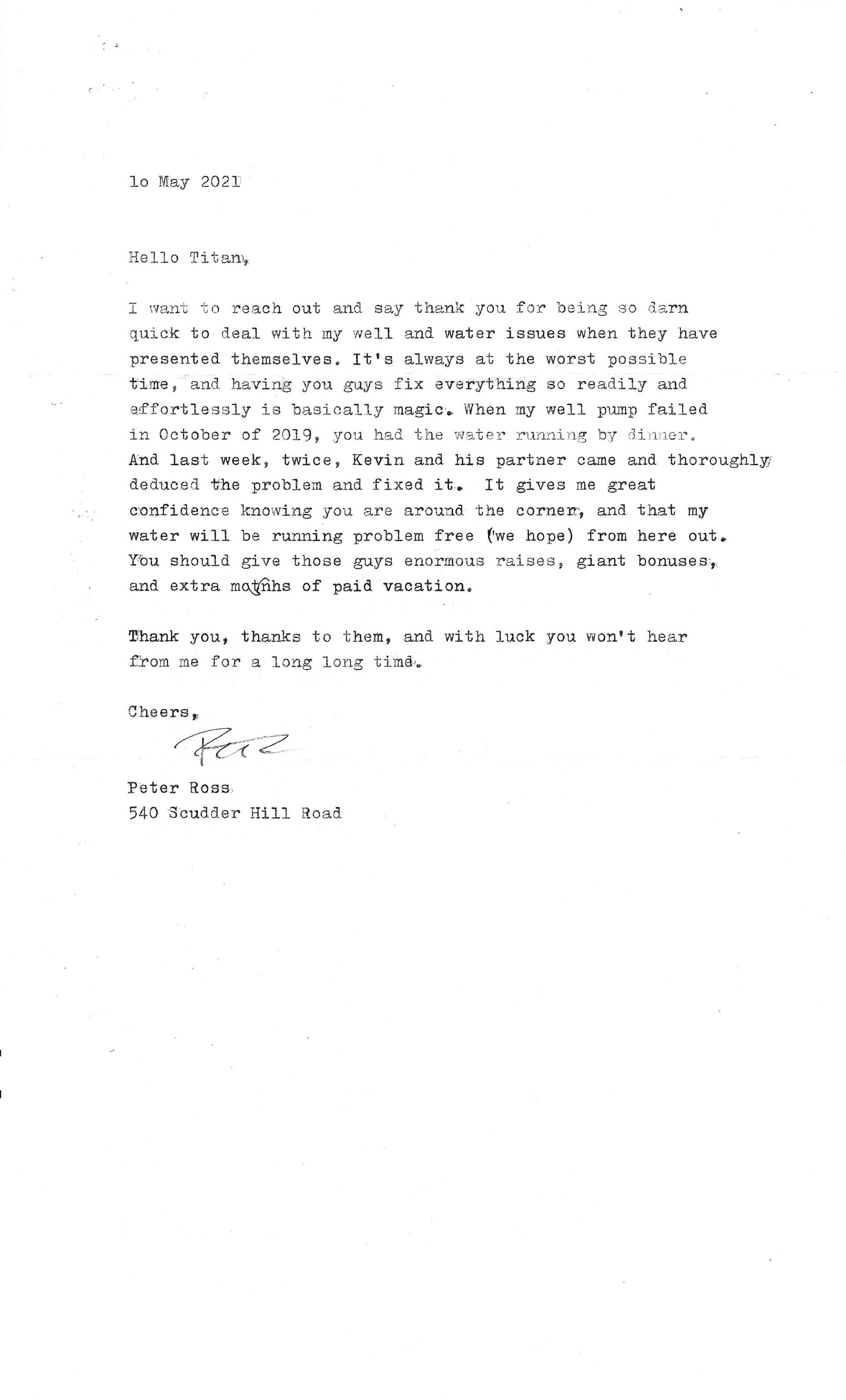 Good Letter — Arkville, NY — Titan Drilling Corporation.