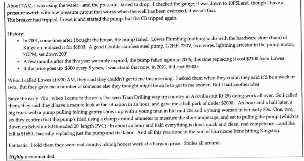 Very Satisfied Customer Review — Arkville, NY — Titan Drilling Corp.