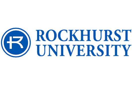 The Rockhurst University logo, featuring a blue circular icon with an "R" symbol next to the blue text.