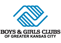 Logo for the Boys & Girls Clubs of Greater Kansas City with a blue geometric handshake icon and black text.