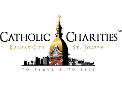 Logo for Catholic Charities Kansas City-St. Joseph featuring a golden church dome, city skyline, and the motto.