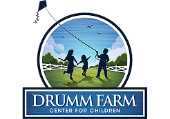 Logo for Drumm Farm Center for Children showing three silhouettes flying a kite in a grassy field with a white fence.