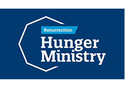 The Resurrection Hunger Ministry logo features white text on a blue background with a white hexagonal graphic element.