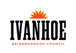 Logo for Ivanhoe Neighborhood Council featuring an orange sun icon above black, bold text with orange subtext below.