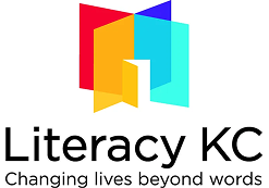 Logo for Literacy KC, featuring a multicolored, stylized open book graphic above the text 