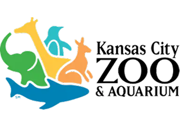 Logo for the Kansas City Zoo & Aquarium featuring colorful animal silhouettes: an elephant, giraffe, penguin, and shark.