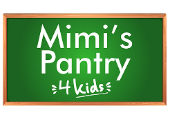 A green chalkboard with a wooden frame displays the white text "Mimi's Pantry 4 kids."