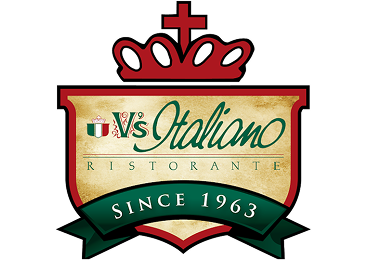 Logo for Vs' Italiano Ristorante featuring a red crown above a beige shield with green text and the year 1963.