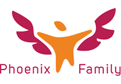 Logo for Phoenix Family featuring an orange human figure with outstretched arms and maroon wings, with text below.