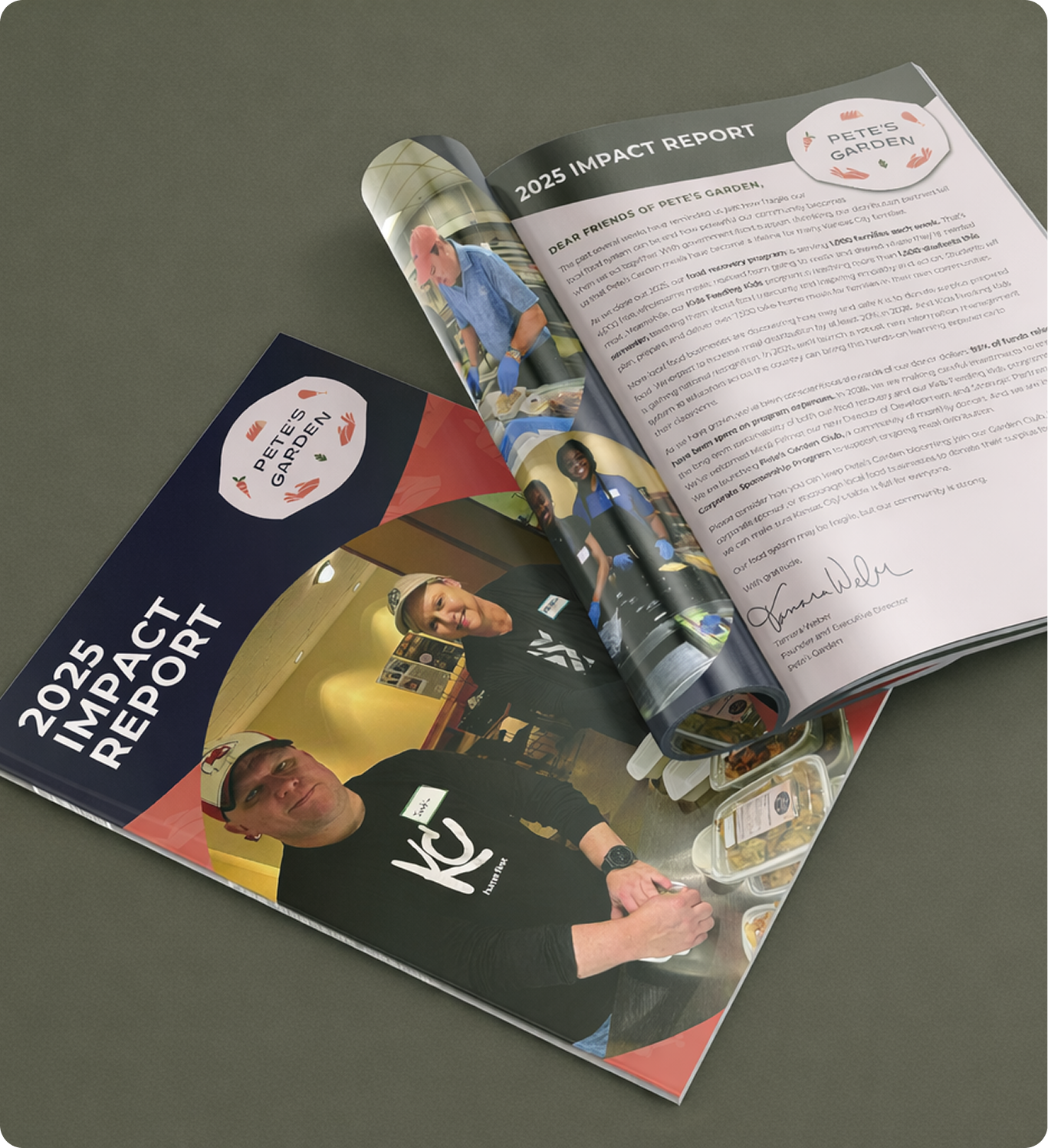 A 2025 impact report brochure sits on a gray surface, displaying photos of people volunteering in a kitchen setting.