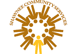 Logo for Shawnee Community Services, featuring a gold stylized person surrounded by a circle of icons and text.