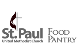 Logo for St. Paul United Methodist Church Food Pantry featuring a cross and flame icon.