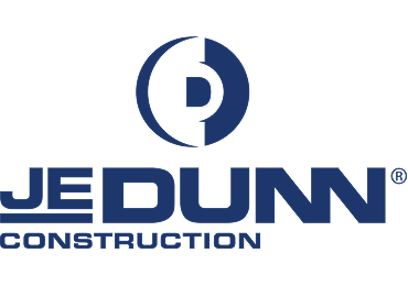 The JE Dunn Construction logo features a dark blue circular icon with a white 