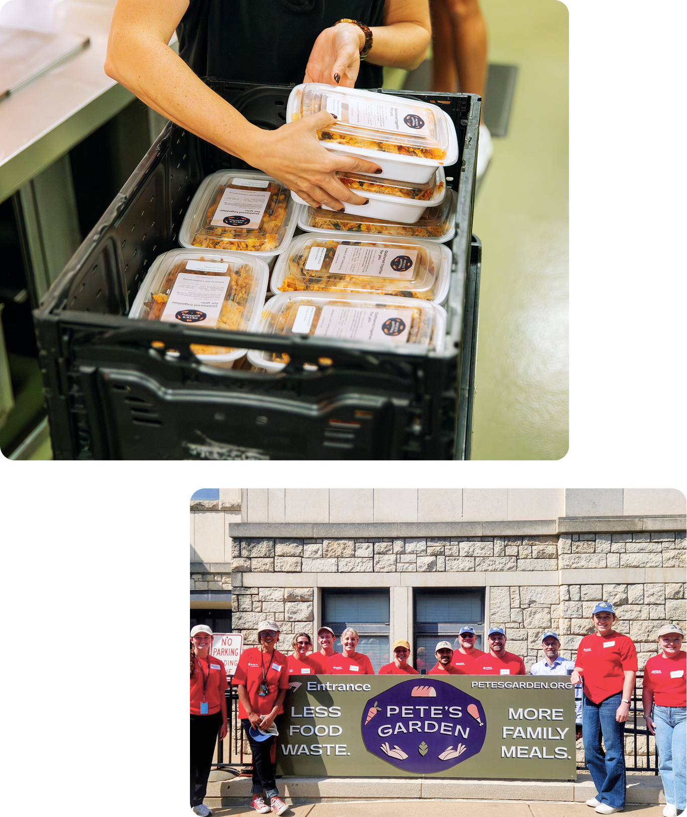 A volunteer packs food containers into a crate, while a group stands before a Pete's Garden sign during a charity event.