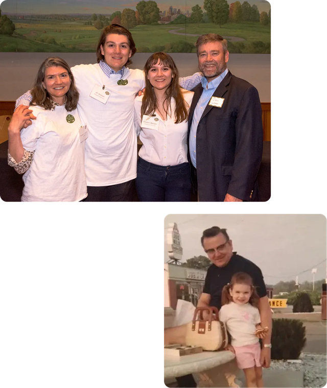 A collage featuring four people standing together in the top photo and a person with a child in the bottom photo.