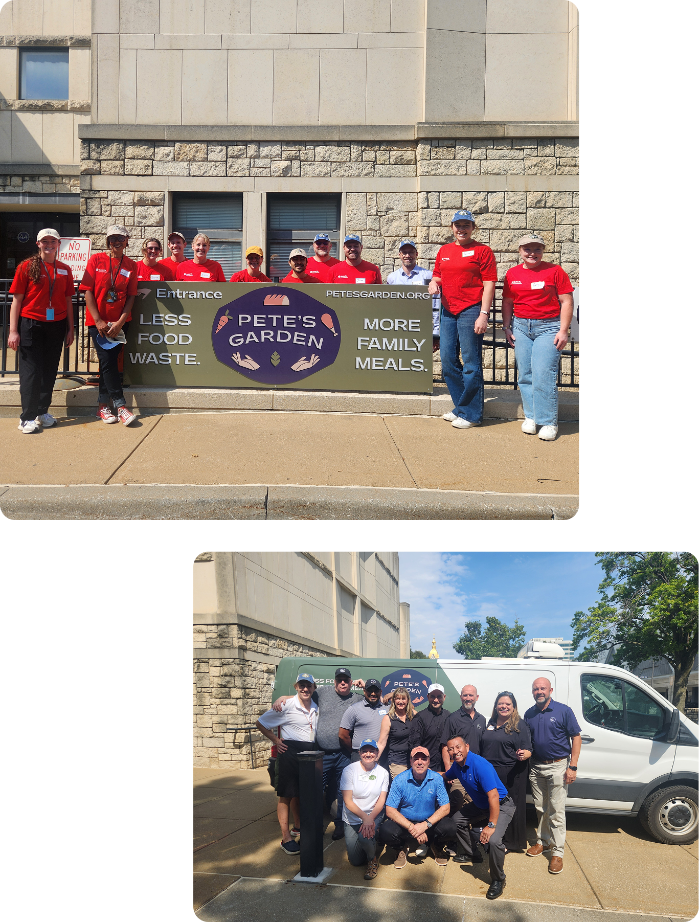 Two photos of a group posing in front of a community outreach van and banner, appearing to be staff or volunteers.