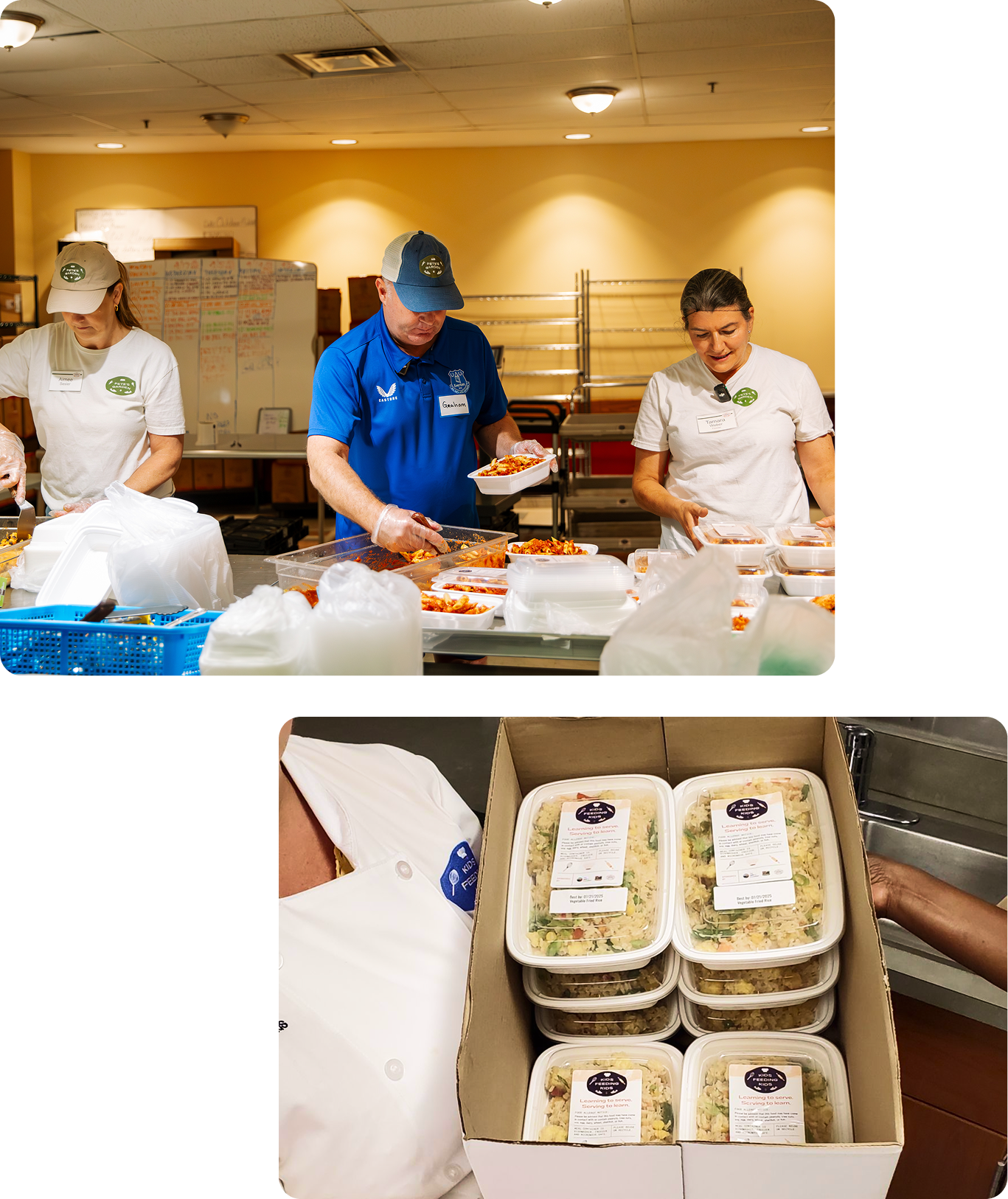Three volunteers in a kitchen preparing and packing takeaway food containers into boxes for distribution.