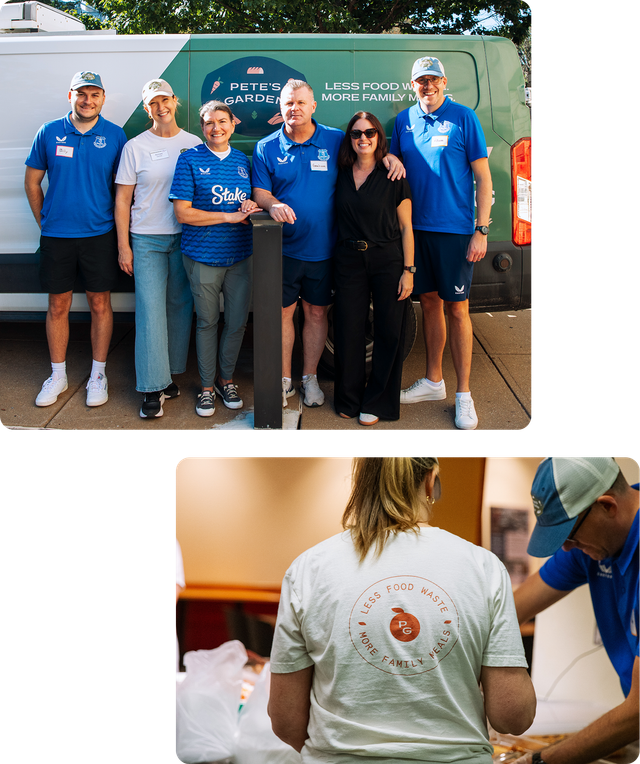 A group stands in front of a branded van, and a second view shows two people preparing food while wearing matching shirts.