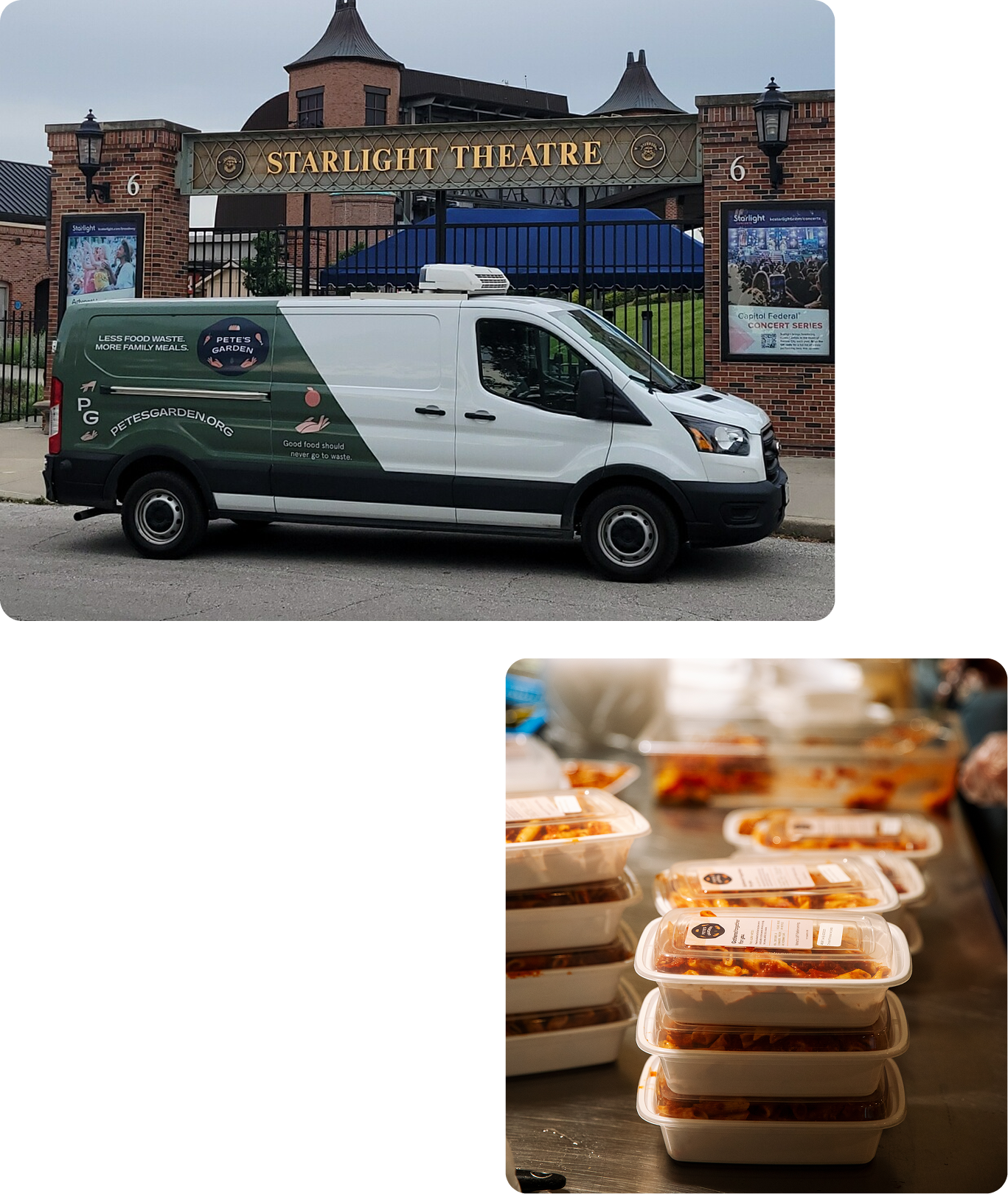 A Starlight Theatre delivery van and stacks of boxed food containers on a counter.
