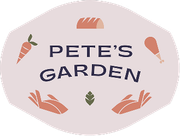 A logo for Pete's Garden showing a carrot, bread, a chicken leg, and hands surrounding the text on a pink background.