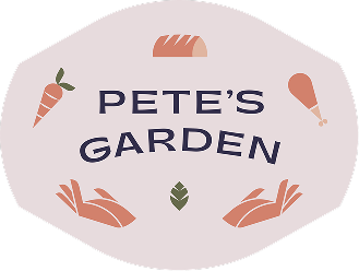 A logo for Pete's Garden showing a carrot, bread, a chicken leg, and hands surrounding the text on a pink background.