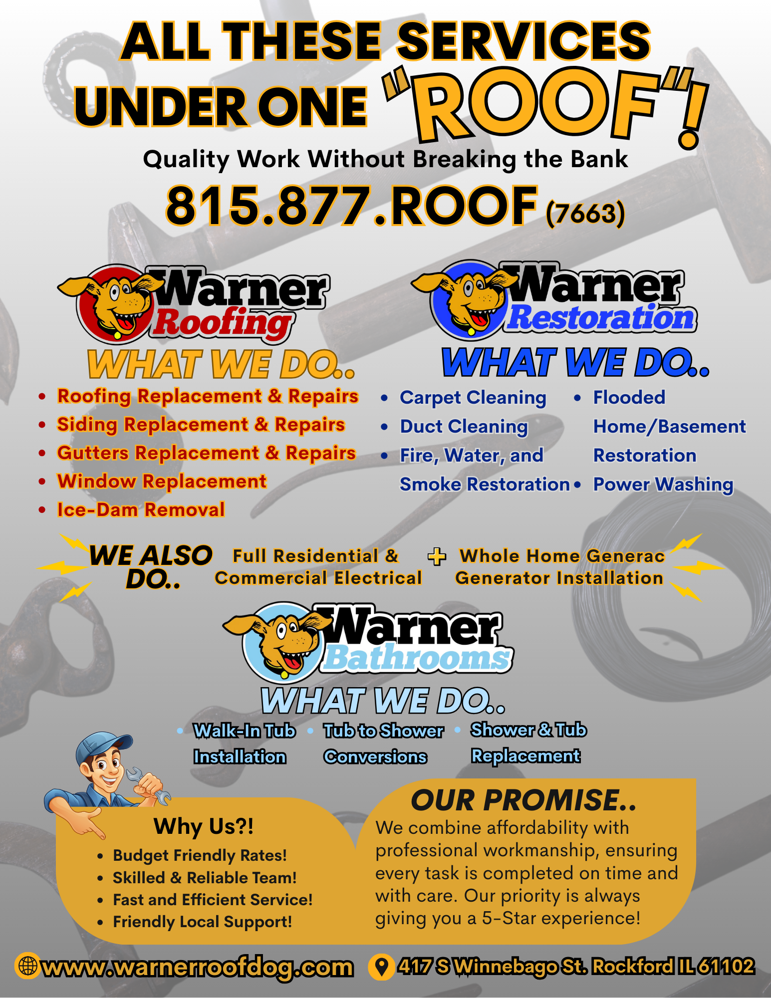 Promotional flyer for Warner Roofing, Restoration, and Bathrooms listing services, contact info, and website.
