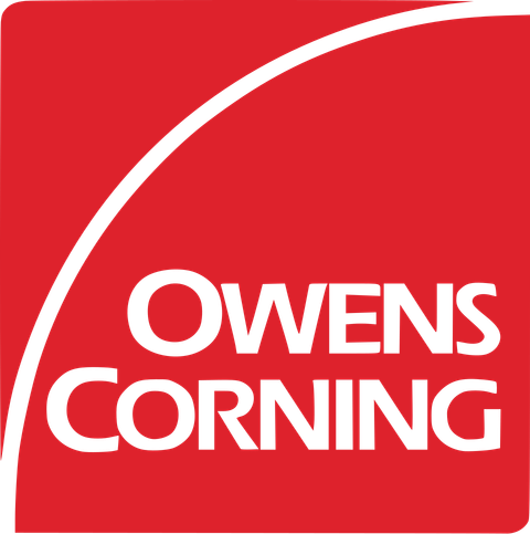 White Owens Corning logo text on a red square background with a curved white line.