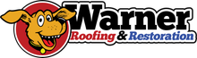 Logo for Warner Roofing & Restoration featuring a cartoon dog face inside a red circle next to the company name.
