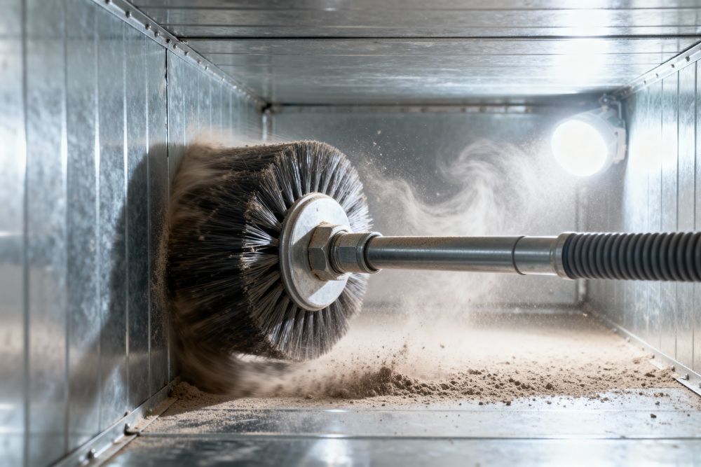 A motorized rotating brush scrubbing dust inside a metal HVAC duct.
