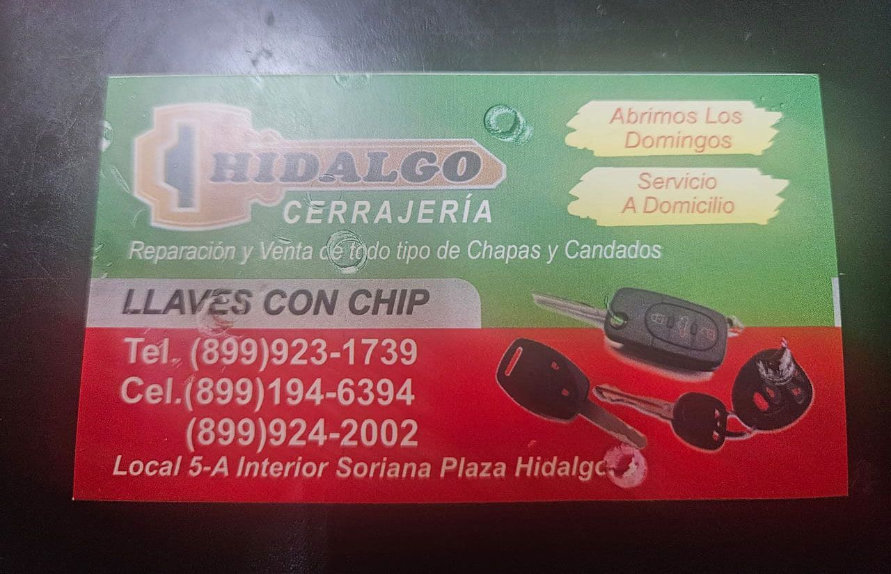 Una tarjeta de presentacion que diga hidalgo cerrajeria llaves con chip