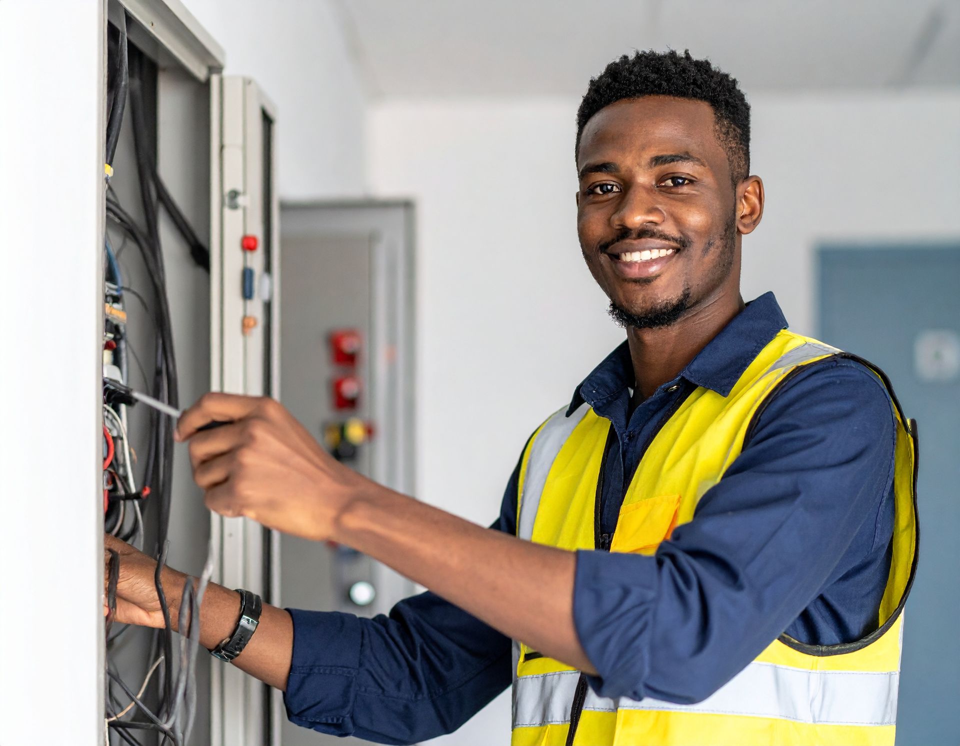 Technician in a yellow safety vest working on electrical panels in a control room, smiling at the camera