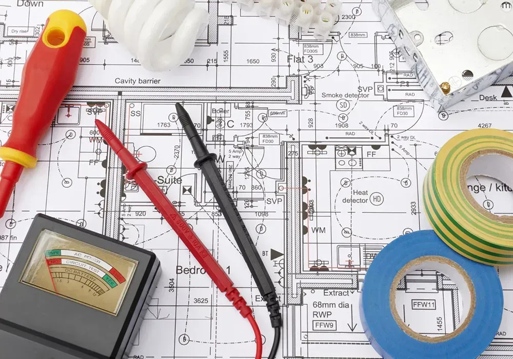 Electrical tools and wire rolls on a house wiring blueprint