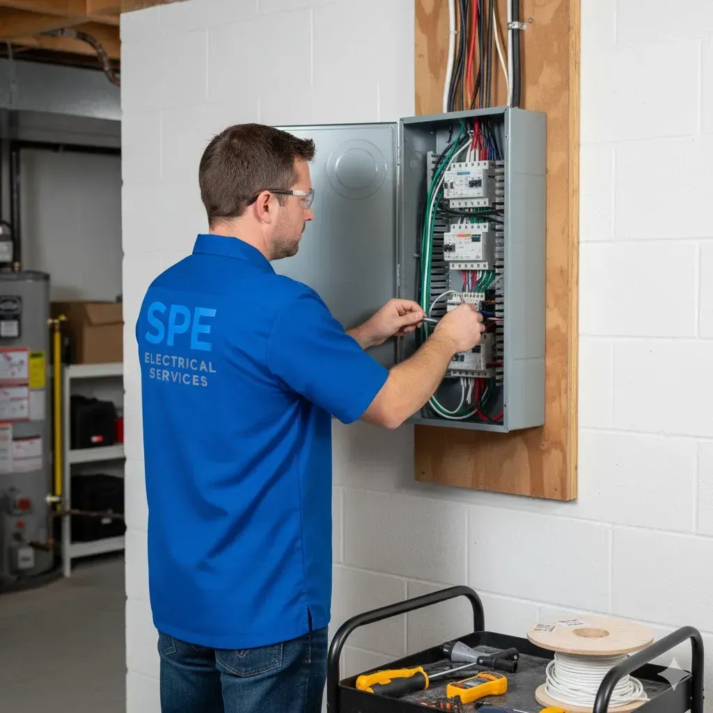 Technician in blue shirt wiring an open electrical panel mounted on a wooden board.