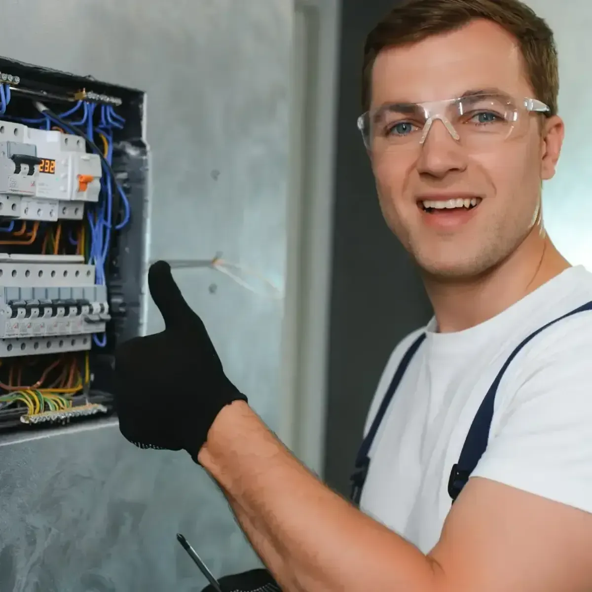 Electrician smiling and pointing at an open electrical panel with exposed wiring.