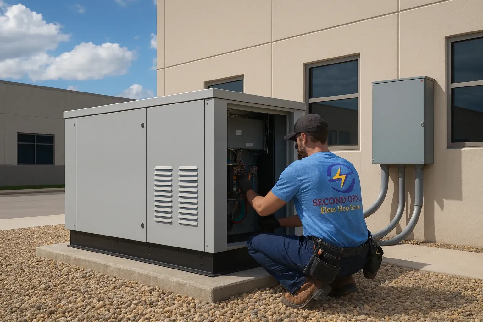Technician kneeling beside outdoor generator, inspecting connections at a building exterior