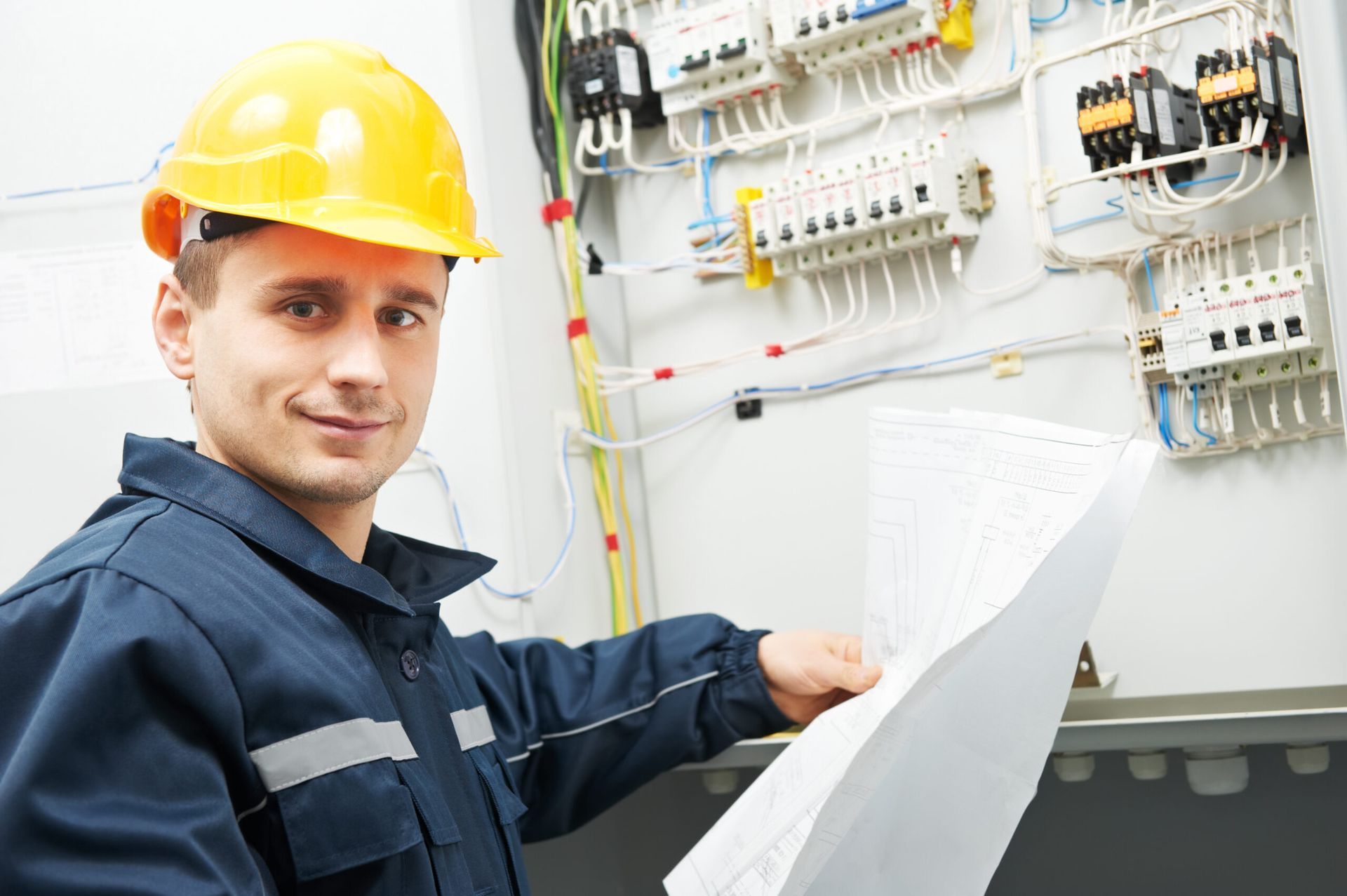 Electrician in a yellow hard hat reviewing a wiring diagram beside an open electrical control panel