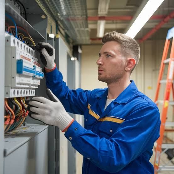 Technician in blue coveralls inspecting electrical control panel in an industrial facility