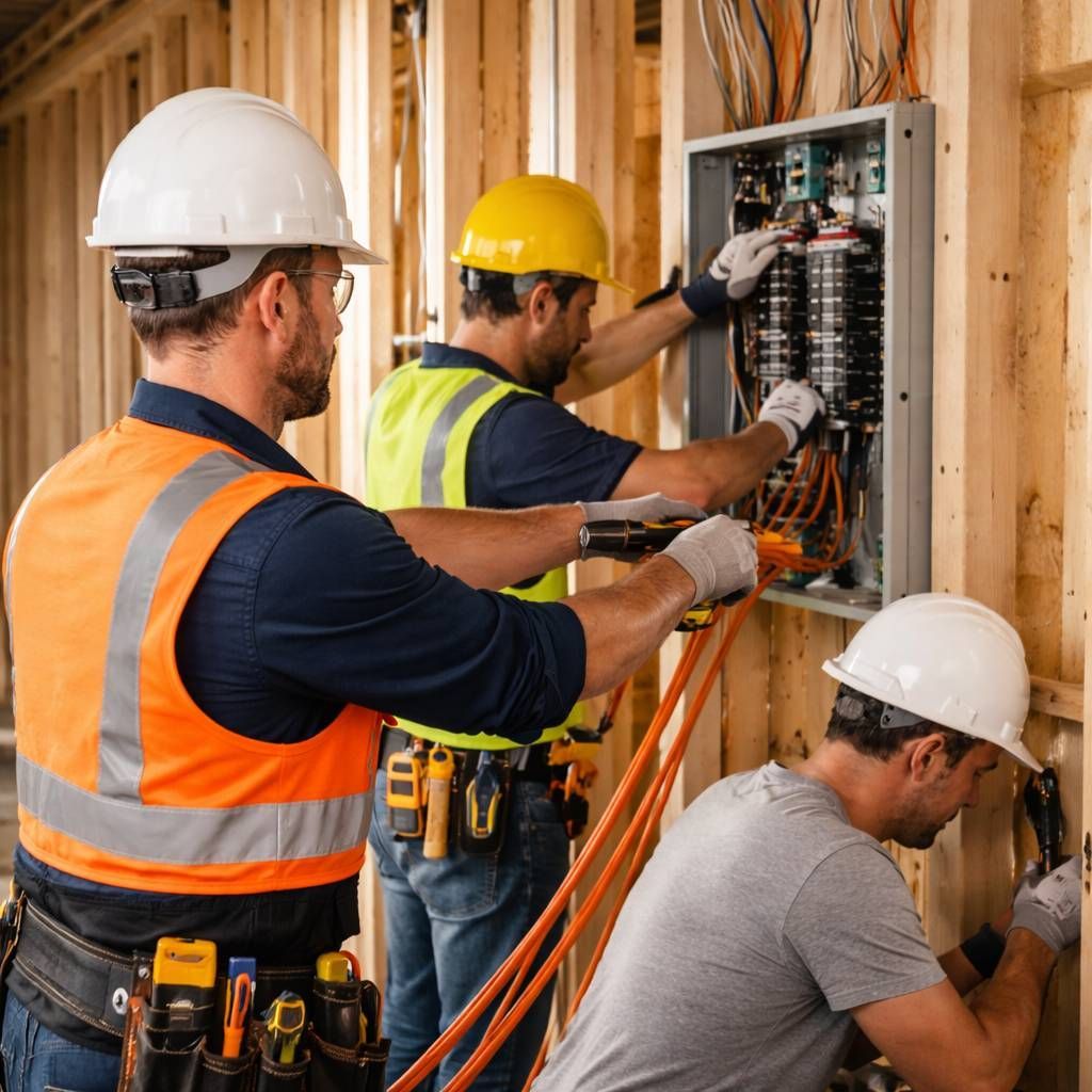 Workers in hard hats wiring an electrical panel at a construction site