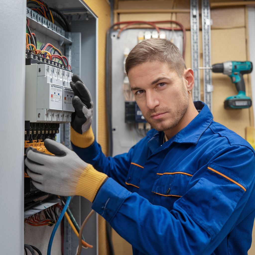 Electrician in blue coveralls adjusting wiring inside an open electrical panel.