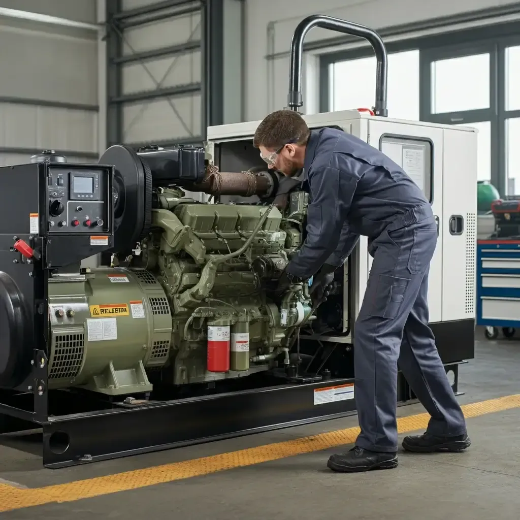 Technician inspecting a large industrial generator in a workshop