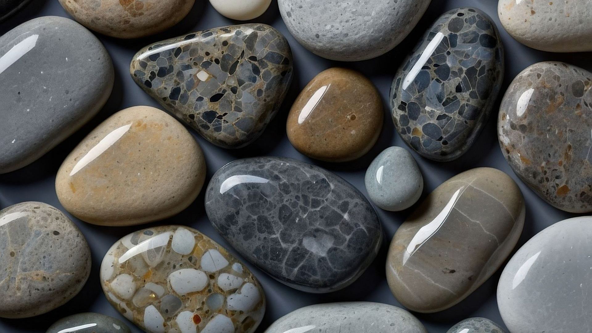 A pile of rocks of different sizes and colors on a gray surface.