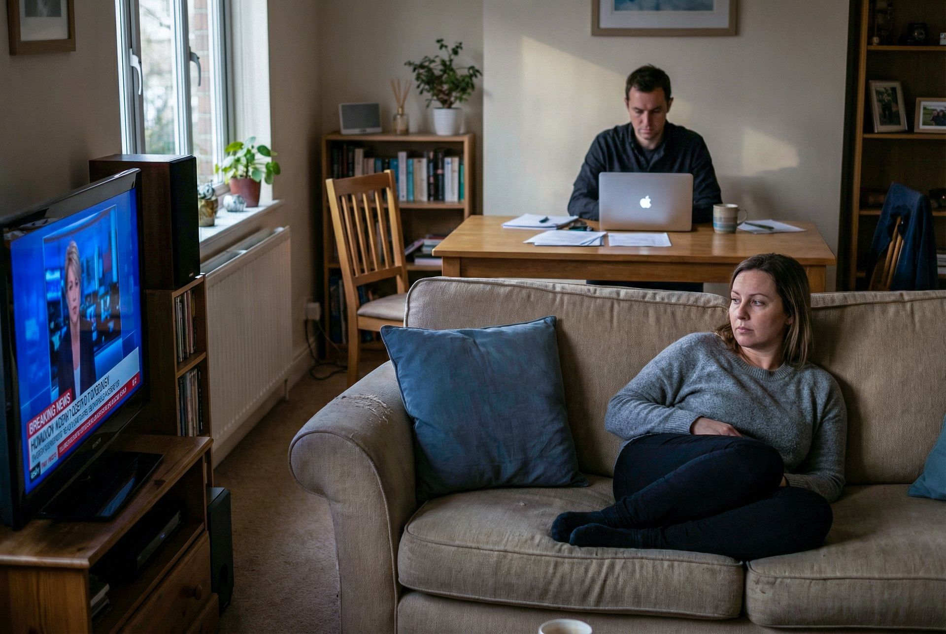 old adult standing in a softly lit home