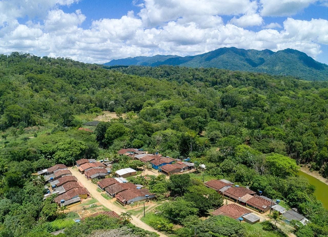 Vista aérea de uma pequena vila em meio a uma exuberante floresta verde com montanhas ao fundo.