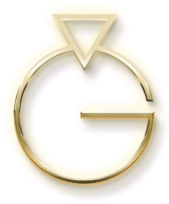 A gold letter g with a triangle in the middle on a white background.